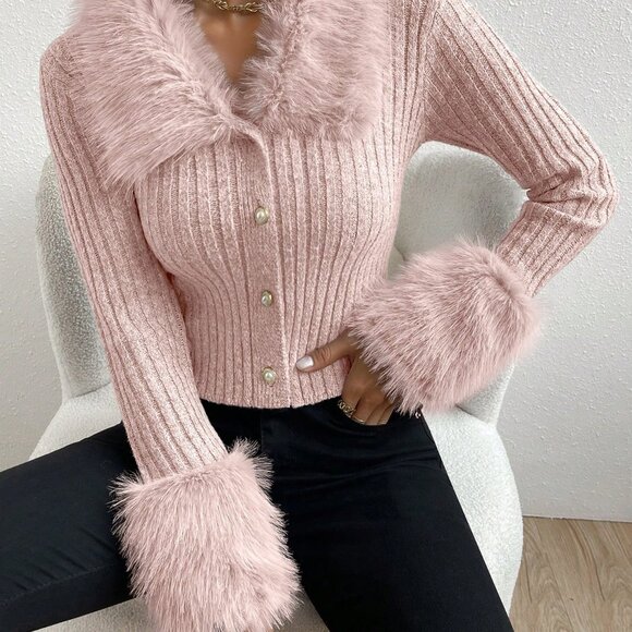 Baby Pink Casual Women's Furry Collar Long Sleeve Knitted Ribbed Cardigan - Picture 7 of 7